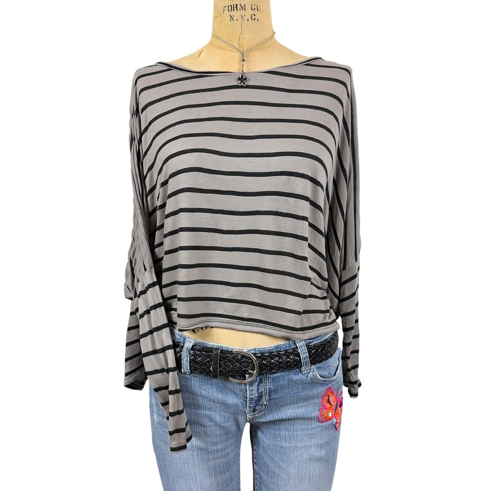 Y2K Striped Slouchy Batwing Top Boat Neck Oversized Tee Grunge 2000s Size M